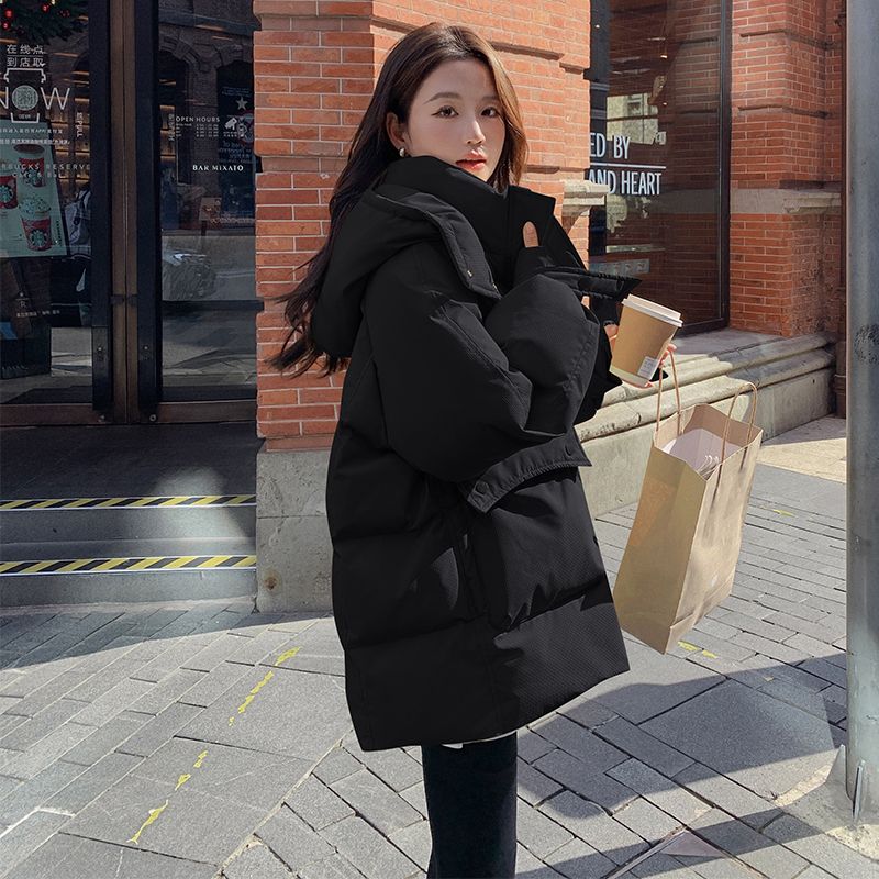 黑色羽绒棉服女冬季加厚2023新款韩版学生连帽工装面包服棉袄外套