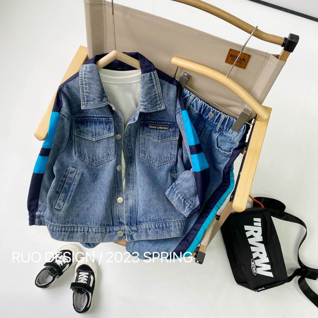 若大王时尚牛仔蓝色春秋水洗翻领长袖长裤牛仔套装 CT-HM130