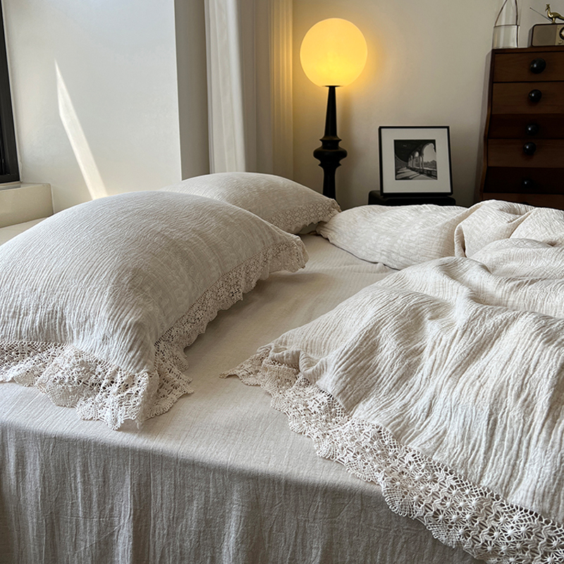 法式复古风︱全棉20%亚麻三层纱提花纯棉四件套蕾丝边被套棉麻床品