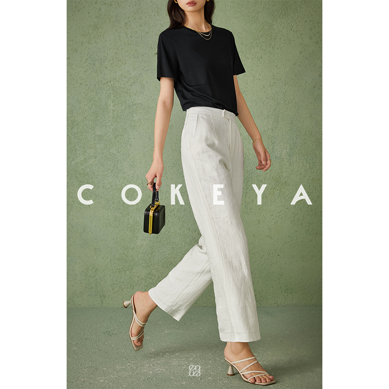 COKEYA/松弛感老钱风~法国琎口亚麻透气宽松通勤九分直筒休闲裤女
