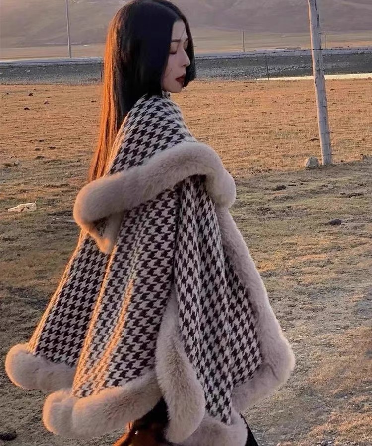 新款千鸟格毛毛斗篷无袖宽松加厚时尚百搭双面披肩