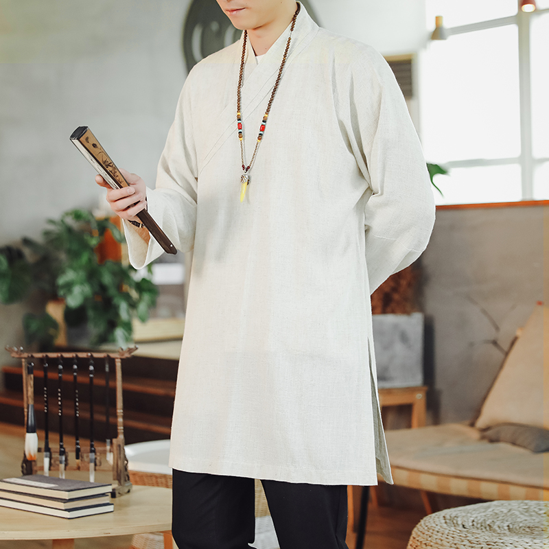春秋季中国风斜门襟汉服复古交领道袍垂感棉麻上衣服男中长款外套