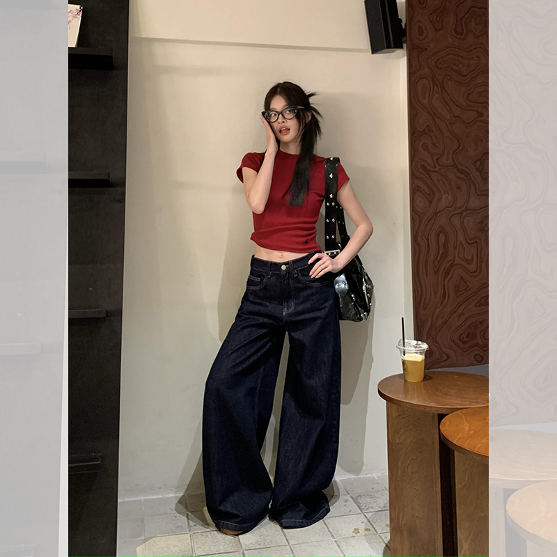 宋正恩蓝色阔腿直筒显瘦牛仔裤女高腰宽松复古拖地裤AA82927