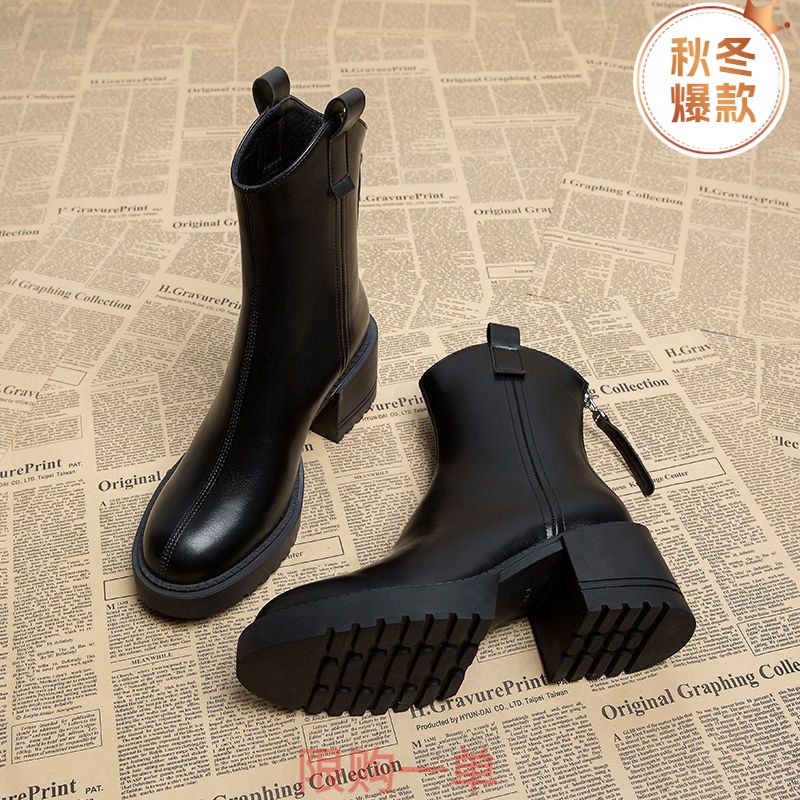 切尔西软皮高跟马丁靴2023秋冬季新款百搭气质粗跟爆款MB
