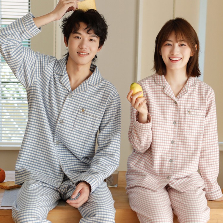 《蜜蜂》情侣秋季格纹纯棉绣花棉绒布休闲长袖睡衣家居服套装9082