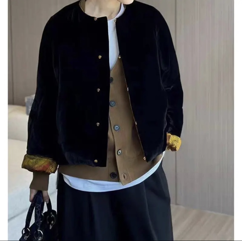 GZ2003真丝桑蚕丝蚕宝宝丝绒植绒提花长袖秋冬棉服上衣外套