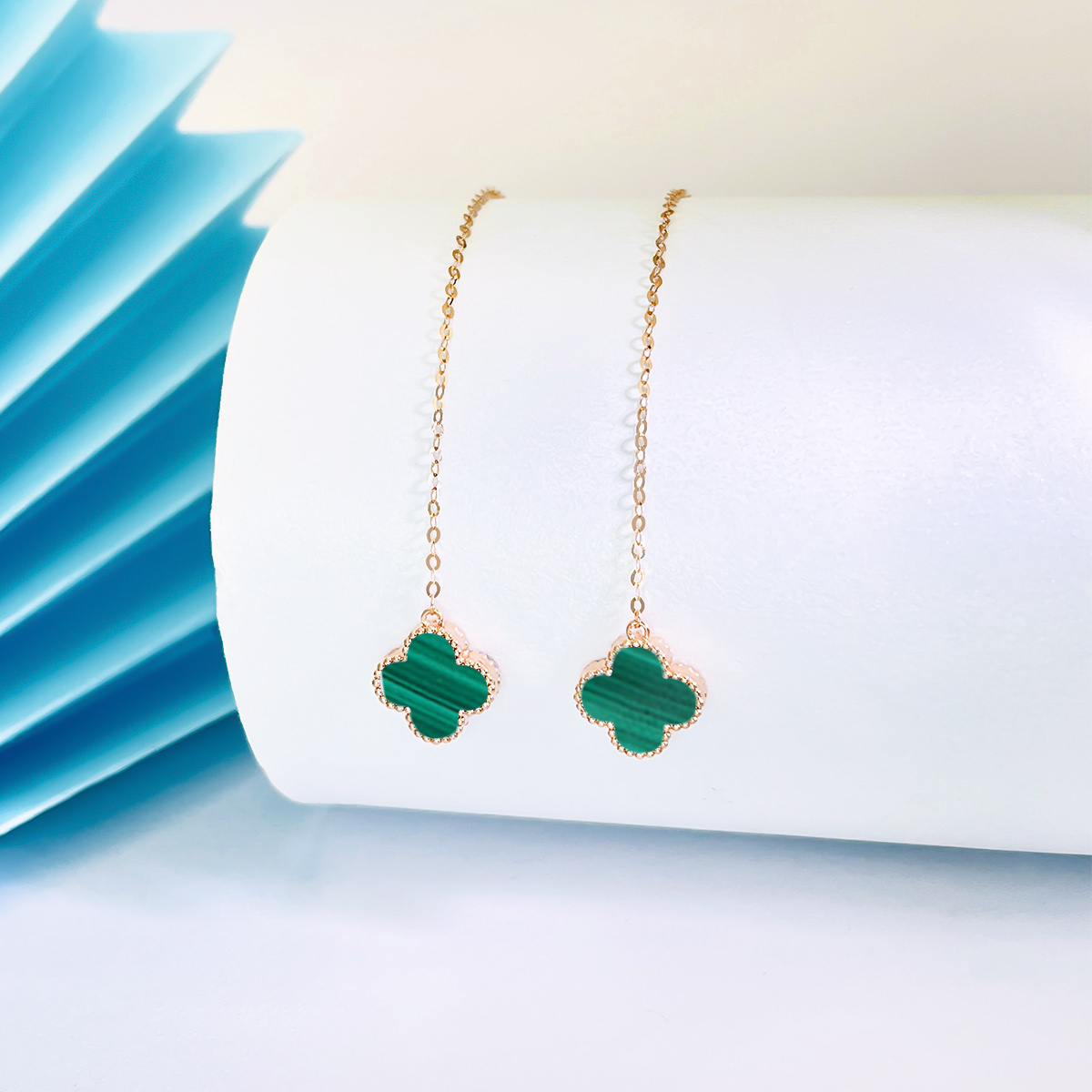 卡伊珠宝18K金四叶草耳线孔雀石AU750彩金玫瑰金幸运草耳饰耳坠