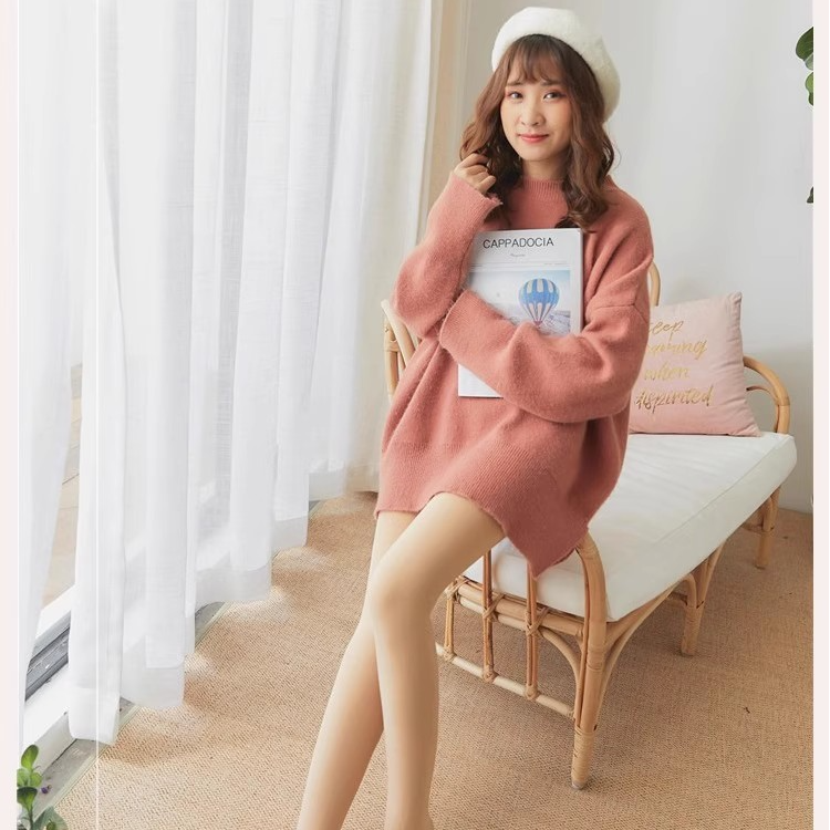 秋冬新款自然肤色蕾丝提花加绒打底裤女高腰收腹提臀保暖光腿神器