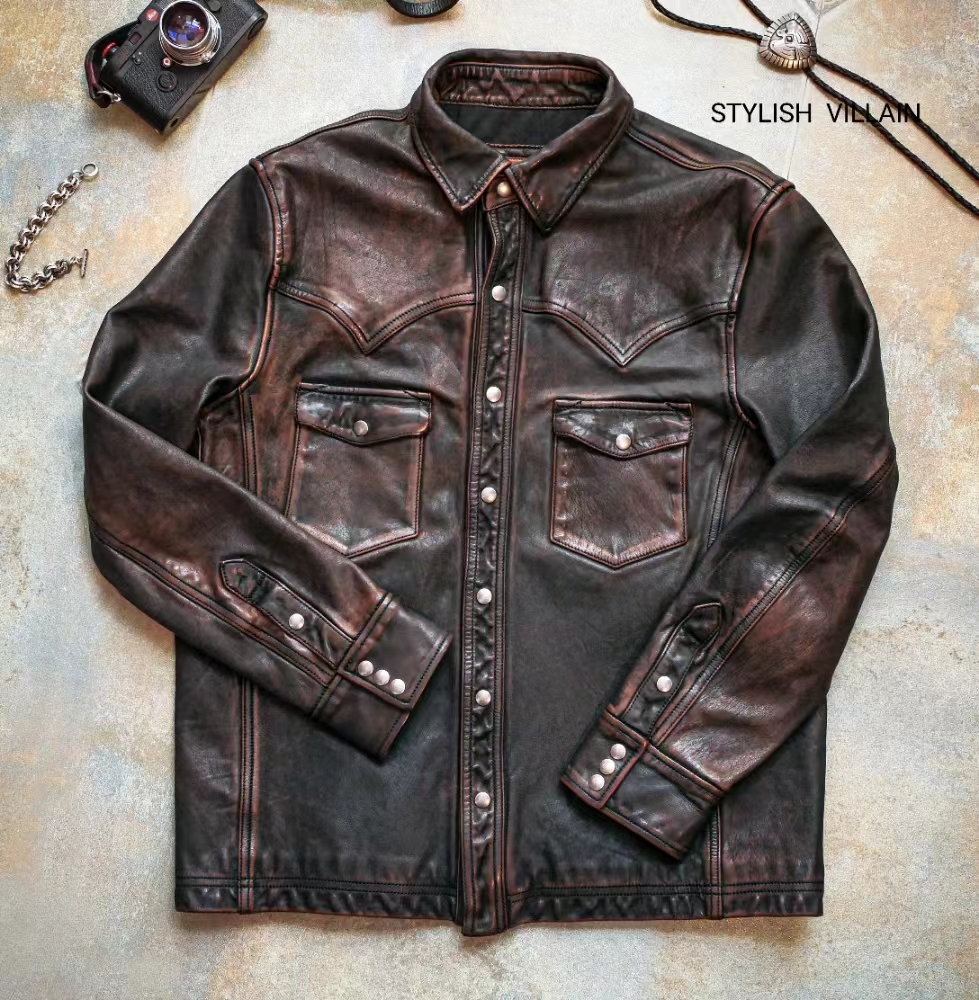 STYLISH  VILLAIN男士休闲百搭水洗复古做旧修身马皮总督款皮衣男