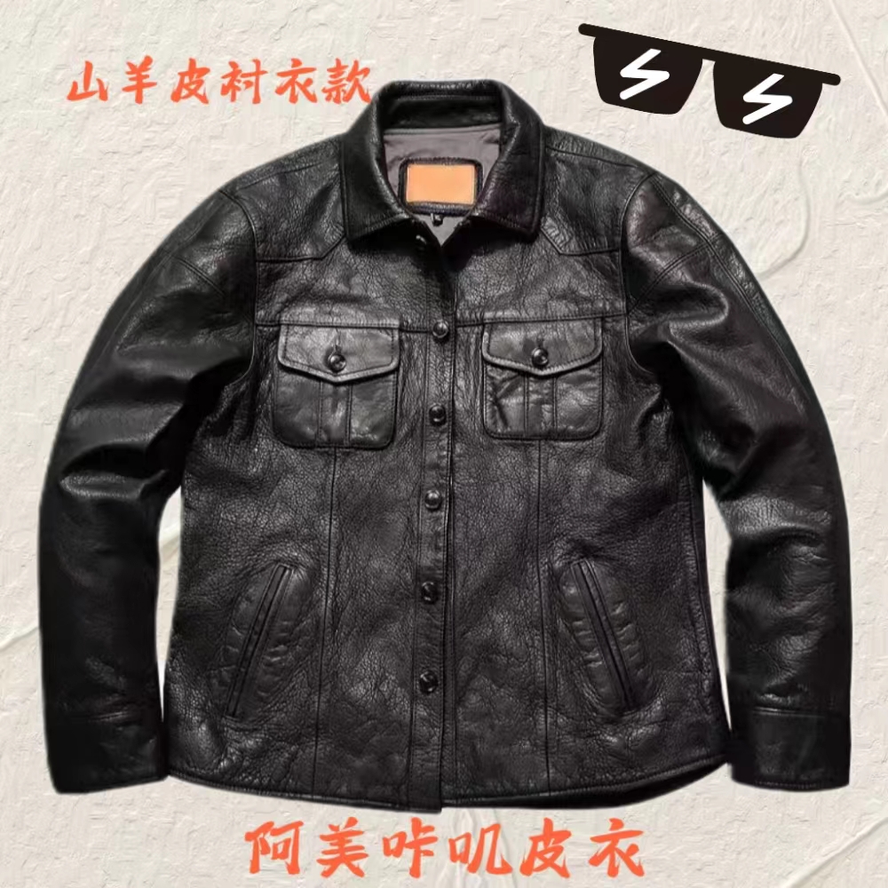 头层山羊皮水洗做旧复古机车男士时尚外套皮衣翻领休闲真皮皮衣男