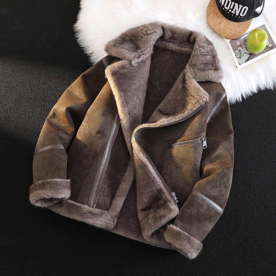 老钱风皮毛外套男冬季加绒加厚麂皮绒短款机车服金罗貂外套冬803