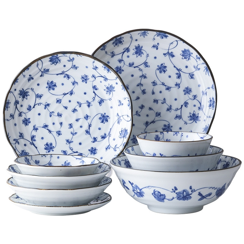 日本原装进口陶瓷餐具日式釉下彩青花蔓唐草系列饭菜盘米饭碗家用