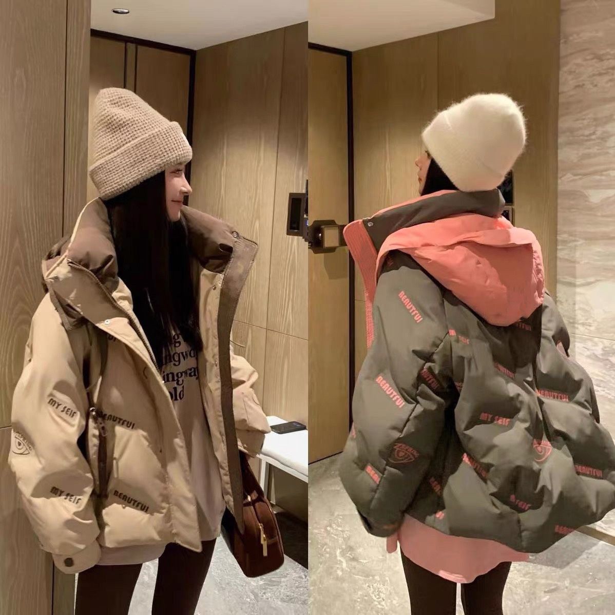 艾莱依冬季加厚重工艺白鸭绒羽绒服女连帽印花设计感小众中长款大
