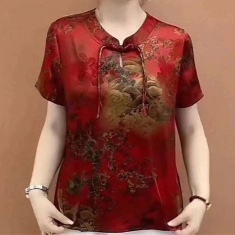 夏季新款妈妈装短袖T恤中国风盘扣上衣打底衫中老年女装花色小衫
