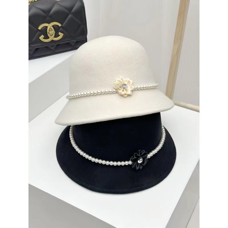珍珠花朵毛呢渔夫帽子女秋冬法式复古显脸小盆帽优雅气质名媛礼帽
