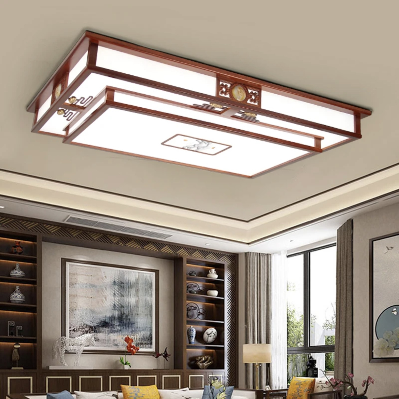 海棠木中式实木长方客厅大灯正方形餐厅卧室中国风led吸顶灯