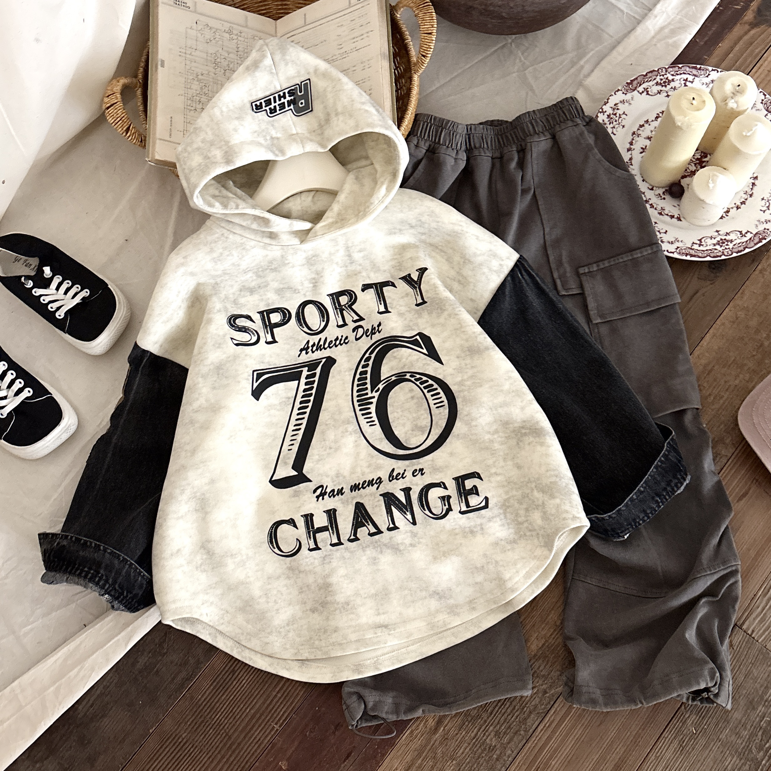 男童连帽卫衣中大童秋装2025新款春季童装春秋潮流拼接牛仔袖上衣