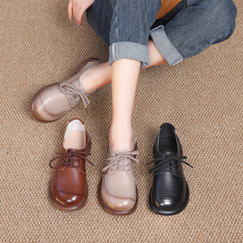 秋季新款头层牛皮复古单鞋女软底软面休闲圆头粗跟时尚百搭妈妈鞋