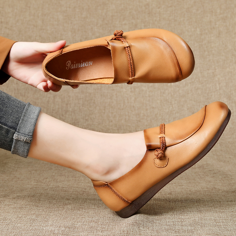 秋季真皮圆头百搭复古软底软面春秋新款舒适中年皮鞋平底牛筋底鞋