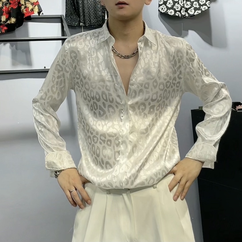 冰丝长袖衬衫男士高级感宽松休闲潮流印花衬衣春秋季薄款