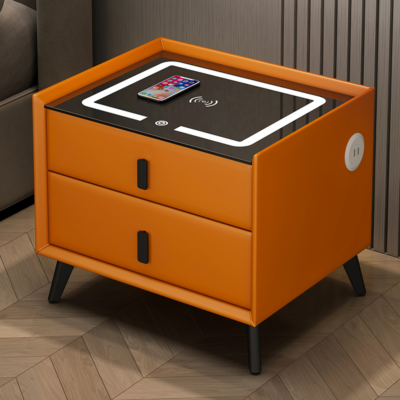 高档智能大气床头柜储物收纳多功能无线充电指纹锁轻奢带灯床边柜