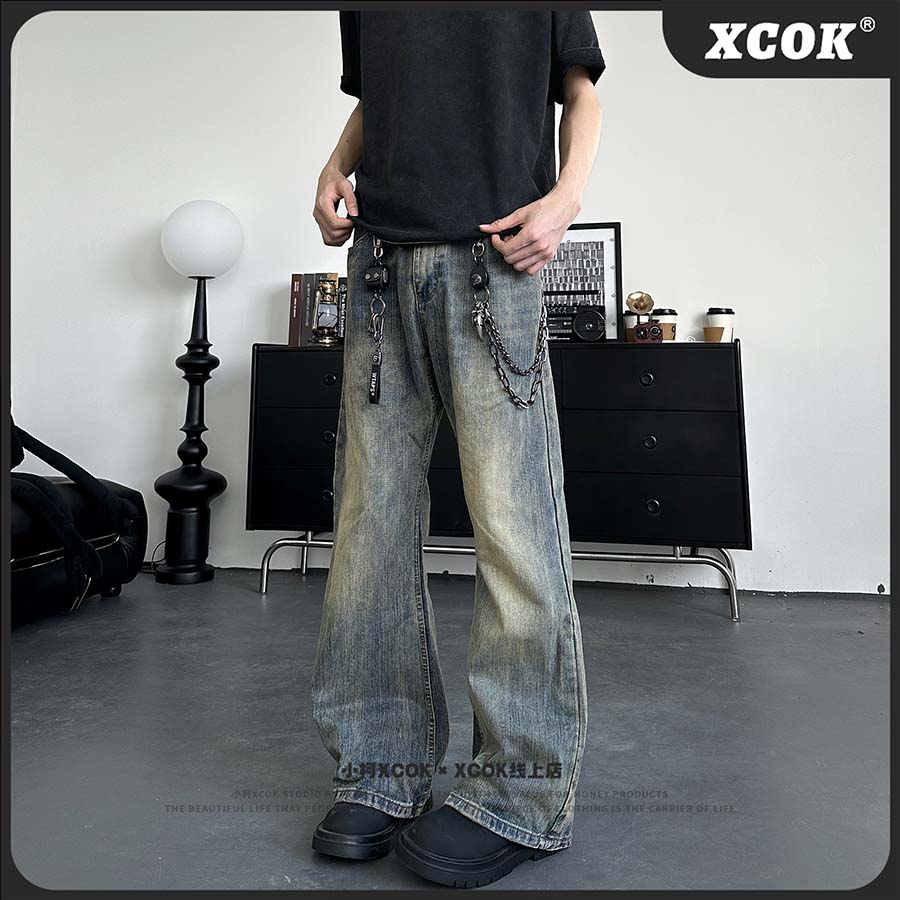 XCOK巴黎竹节纹微喇牛仔裤cleanfit美式高街复古宽松直筒裤子K08