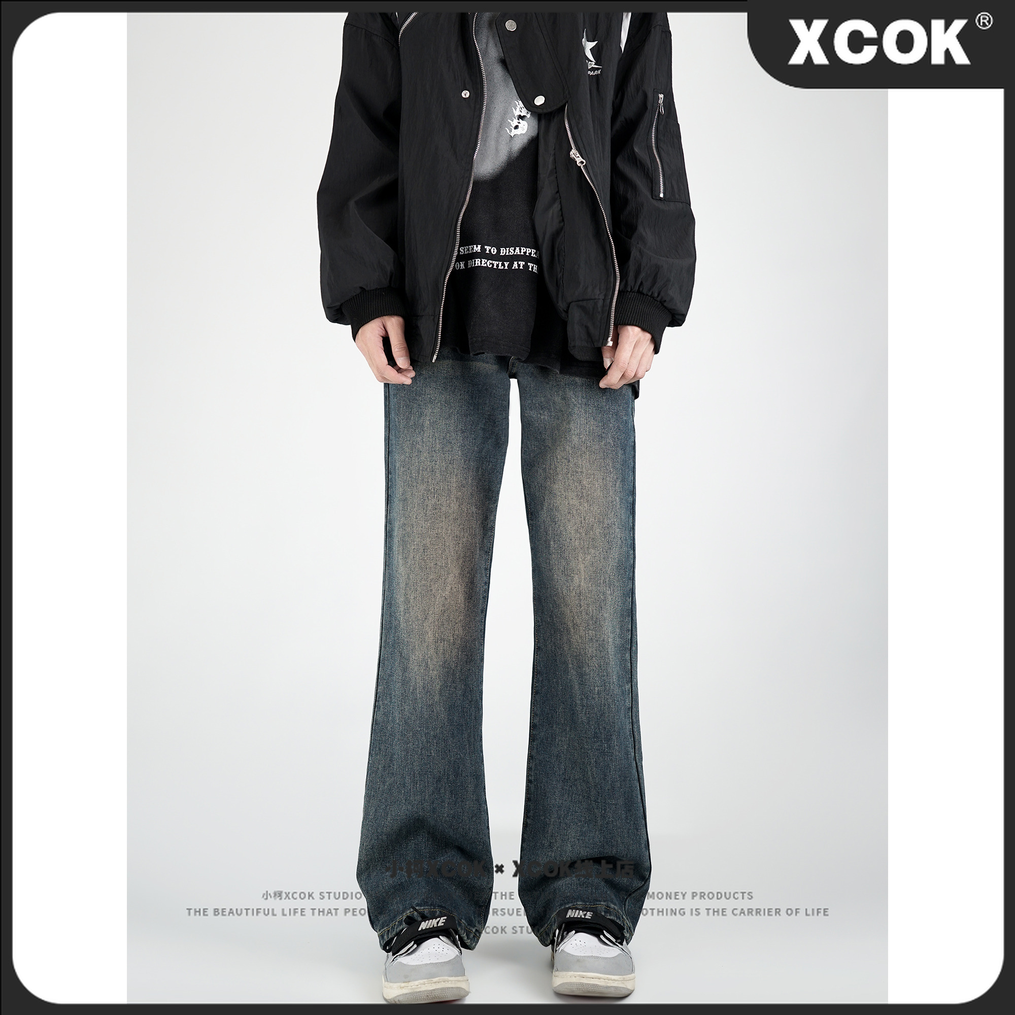 小柯XCOK秋冬美式微喇牛仔裤男美式复古休闲裤宽松潮流高街直筒裤