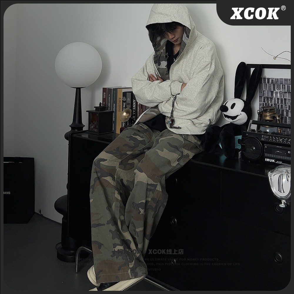 小柯XCOK美式复古迷彩工装裤hiphop高街潮流水洗宽松直筒牛仔裤子