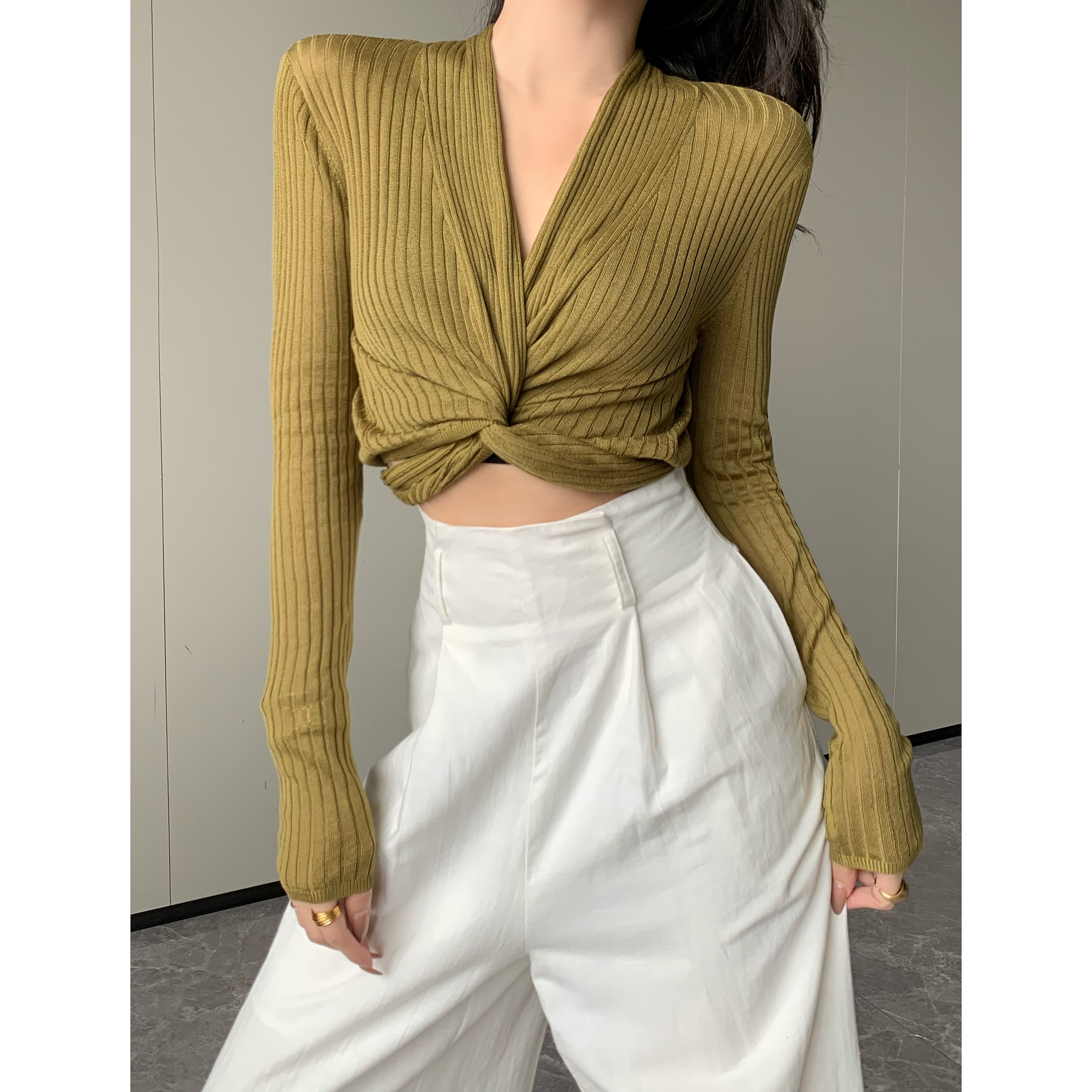 JIJINQI显瘦气质绑带设计感上衣夏季新款百搭长袖针织衫JINQC0541