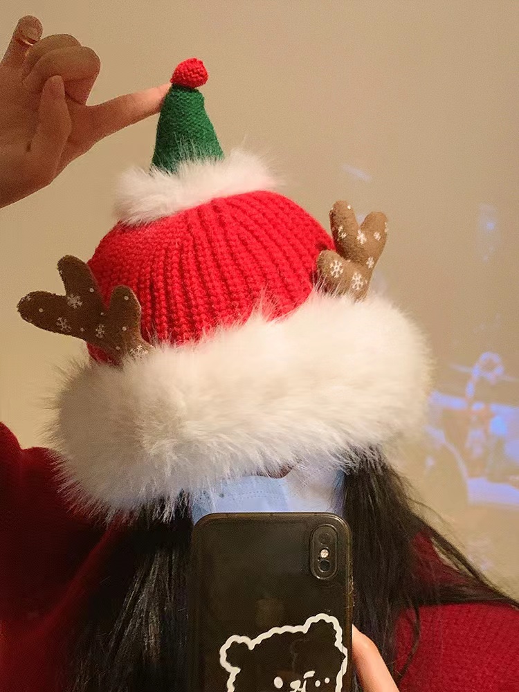 可爱圣诞节礼物红色毛球毛线帽子女秋冬季保暖百搭学生护耳针织帽