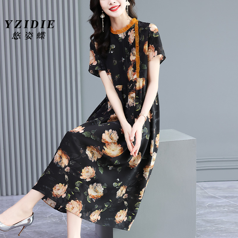 时尚收腰大码真丝连衣裙桑蚕丝夏2024新款高端轻奢贵夫人印花长裙
