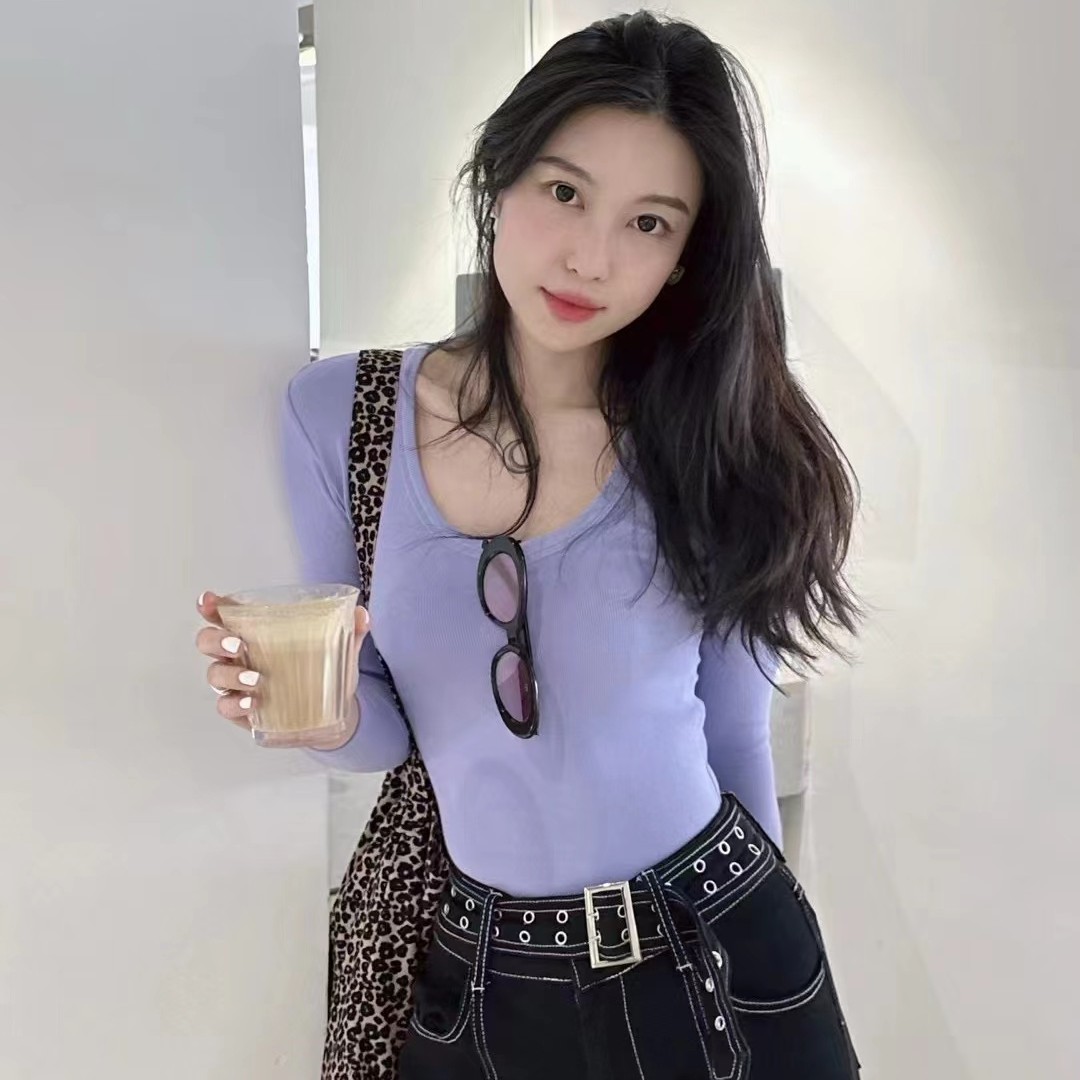 自制基础款圆领螺纹三色打底显瘦长袖辣妹百搭修身设计感韩版性感