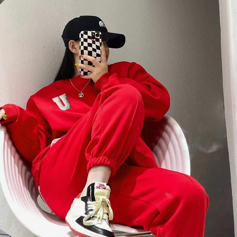 红色运动加绒套装女2023冬季新款时髦时尚炸街卫衣两件套装洋气潮