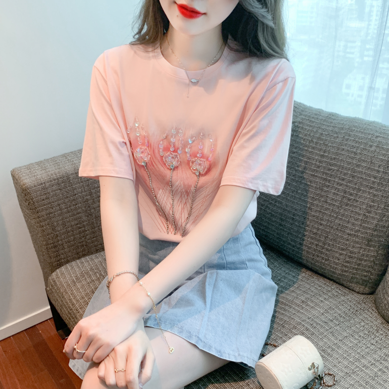 重工钉珠亮片设计短袖T恤女装2025夏季新款洋气漂亮减龄粉色上衣