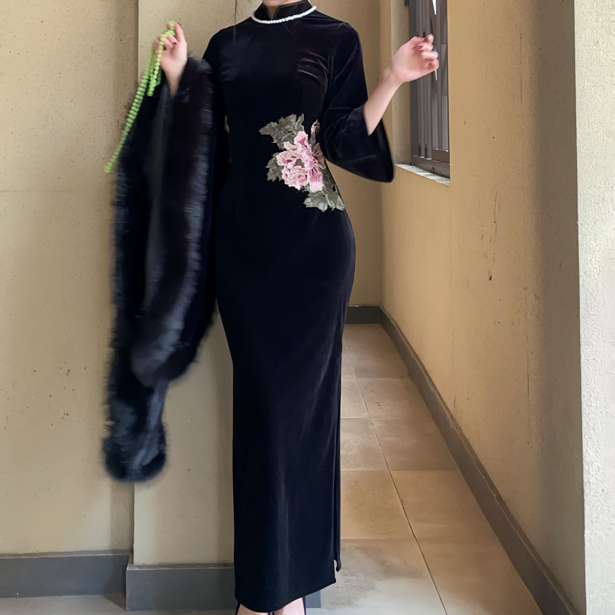 秋辞香~花开富贵倒大袖丝绒重工刺绣秋冬国风 民国少女旗袍连衣裙