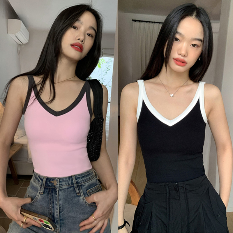 V领吊带背心文胸一体一体式自带胸垫拼色修身上衣女