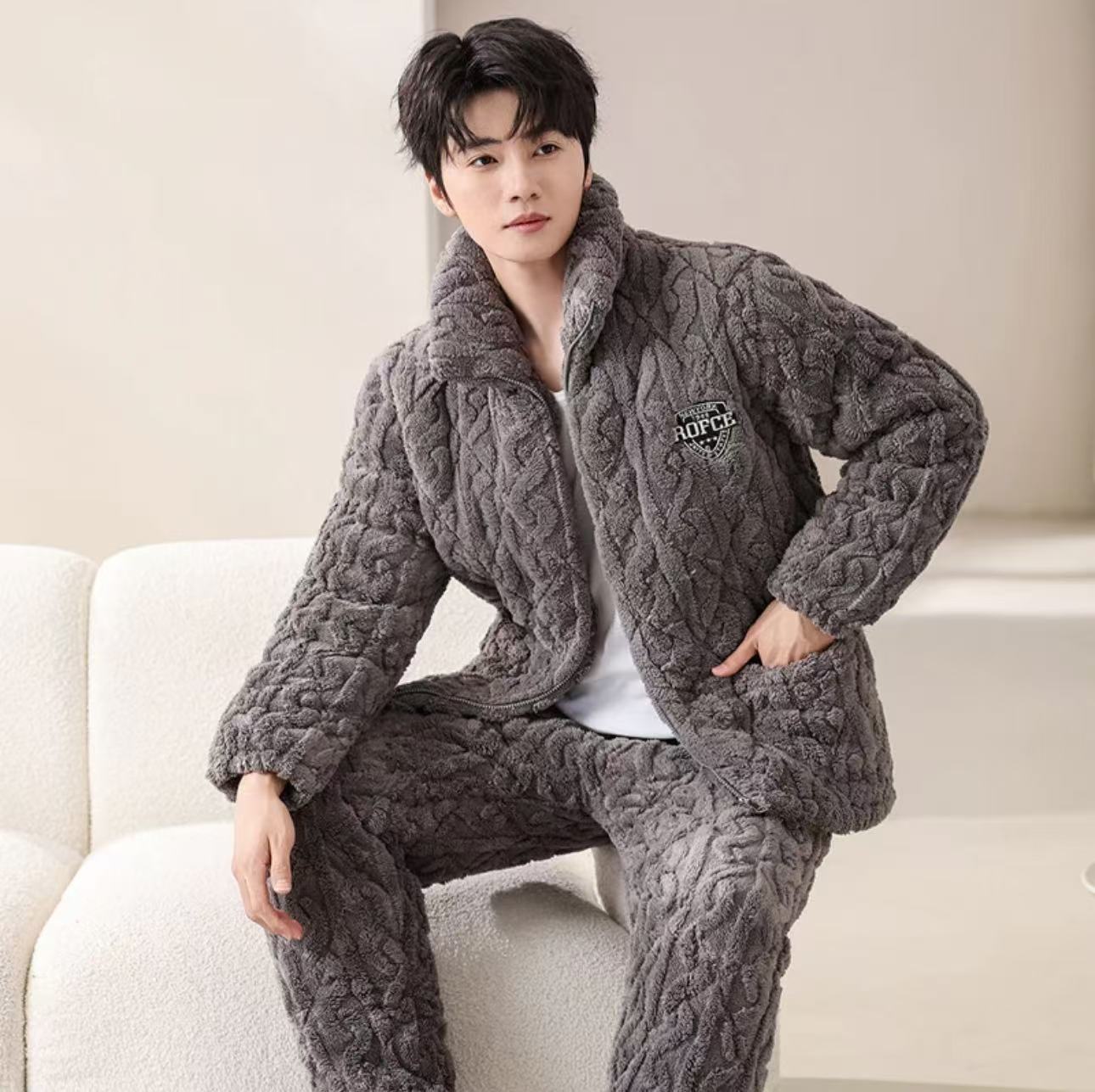 冬季加厚加绒法兰绒夹棉加厚保暖家居服套装