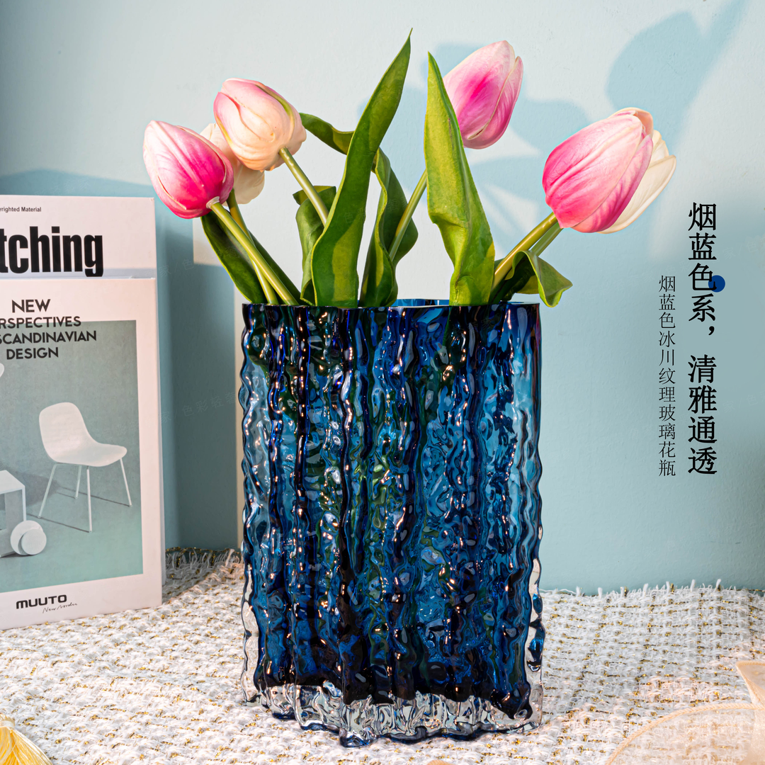 【F102冰川蓝】鲜花专用花瓶网红爆款2023新款轻奢玻璃花瓶摆件大口