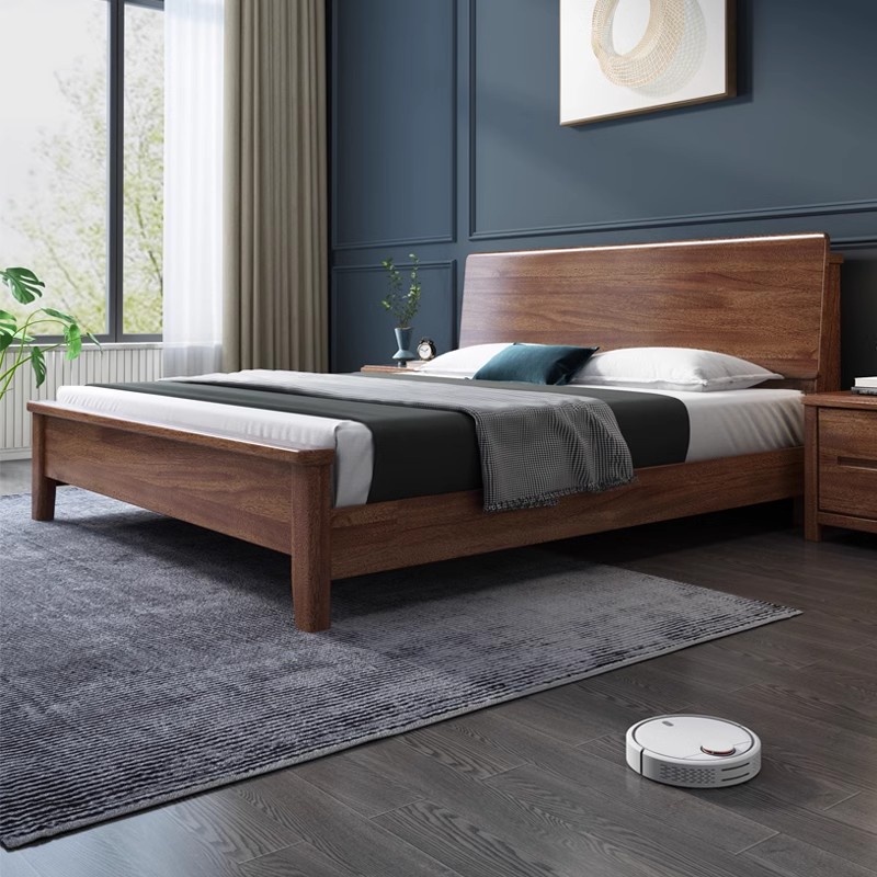 新中式现代简约实木双人床1.8米1.5m胡桃木床卧室原木高箱储物