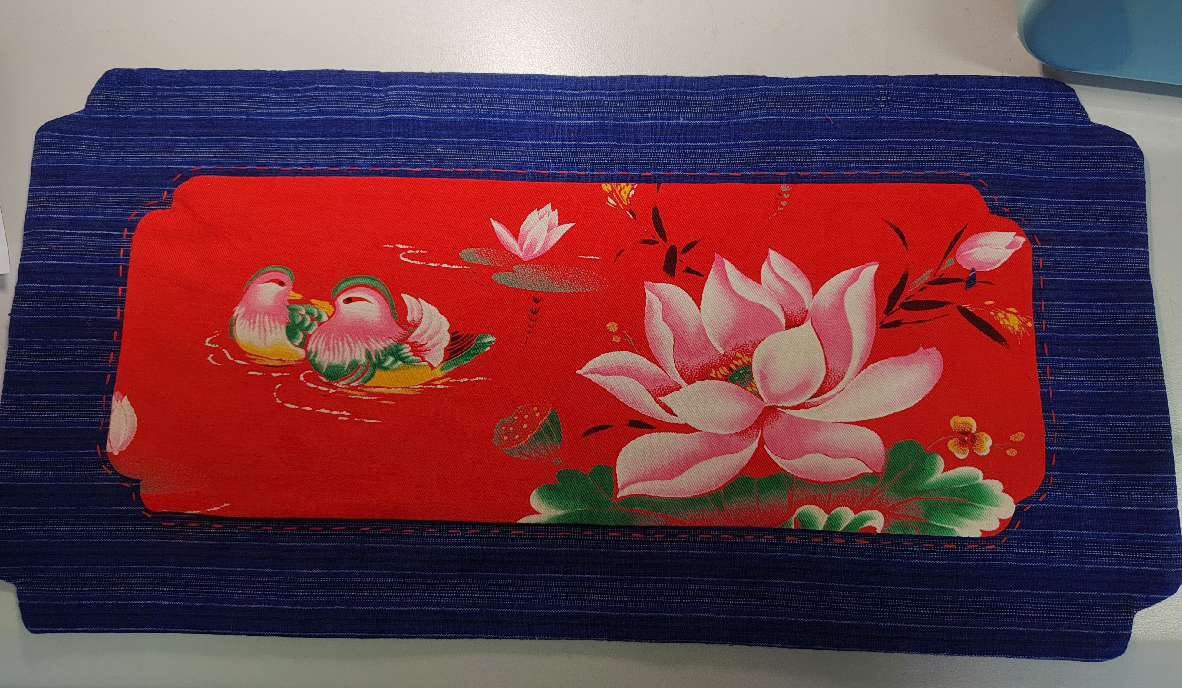 手工缝制茶垫，大花布与老粗布的完美结合，尺寸30乘55