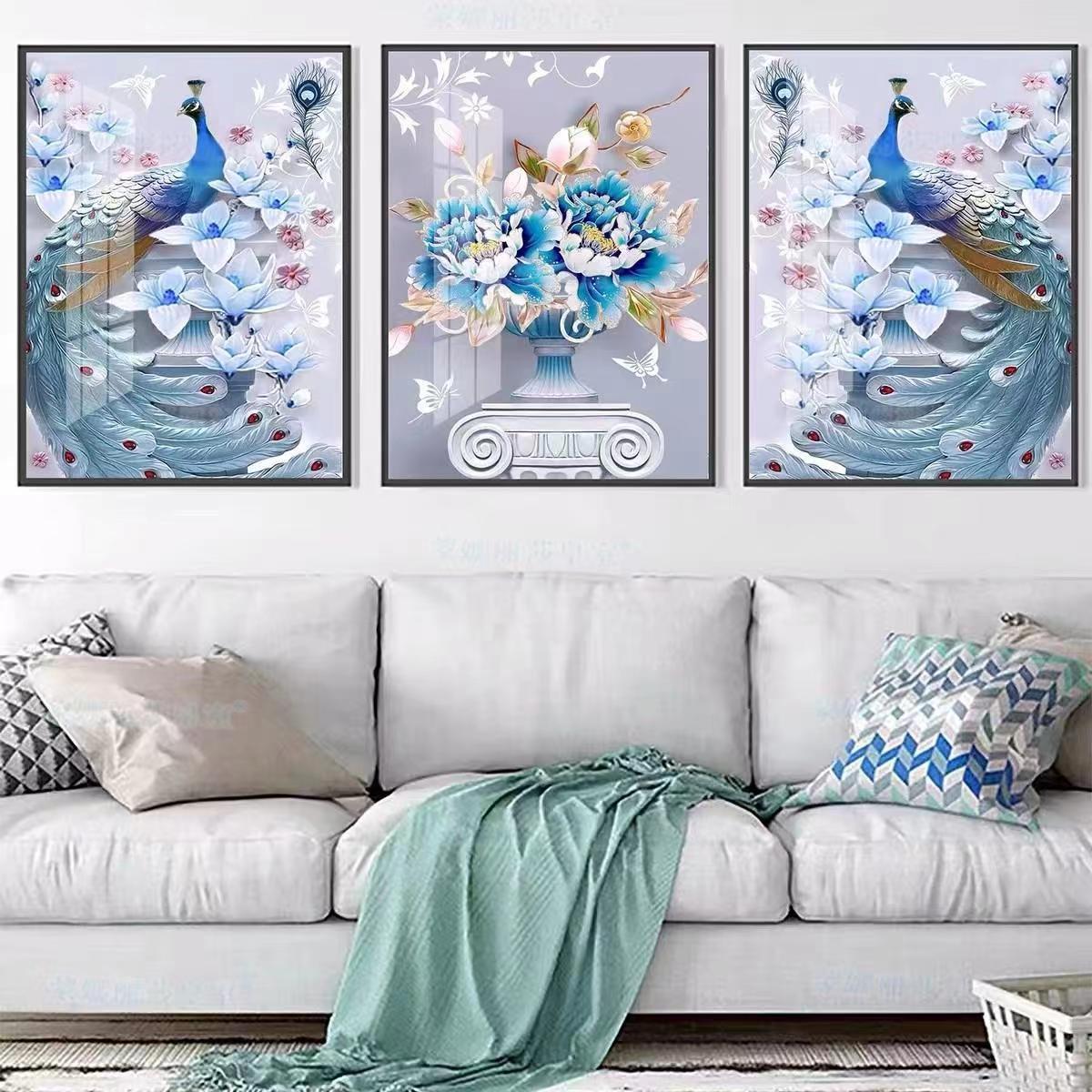 【孔雀三联副】新款新中式简约大中格满绣客厅过道棉线十字绣