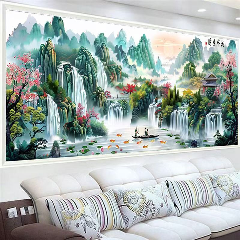 【新款流水生财】大气高山流水人家大格高清客厅风景棉线十字绣