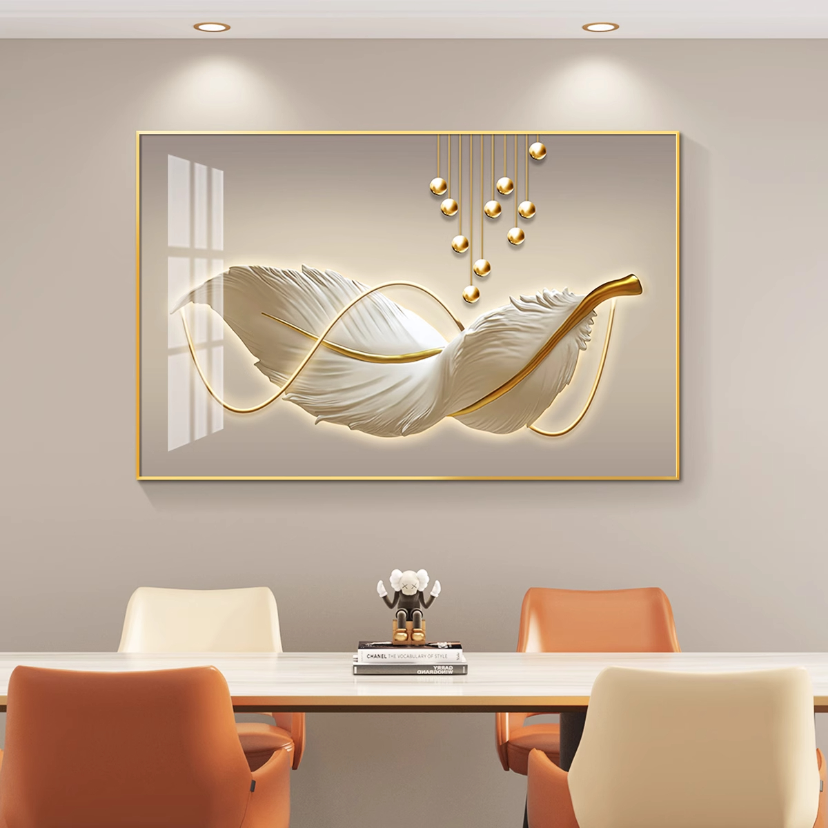  轻奢餐厅简约现代大气高档装饰画羽毛单幅厨房背景墙挂画壁画