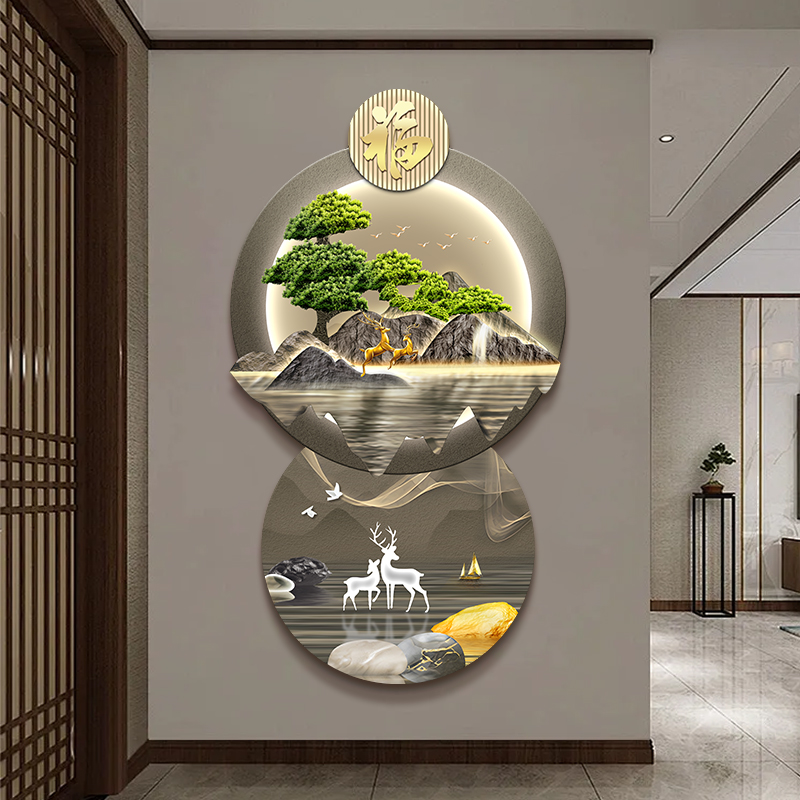 现代新中式创意玄关装饰画迎客松入户走廊过道挂画大气正对门壁画