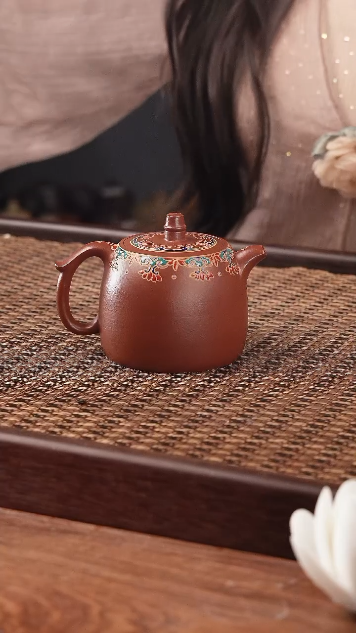 【闪购商品】紫砂茶壶汉铎（珐琅彩）-朱泥