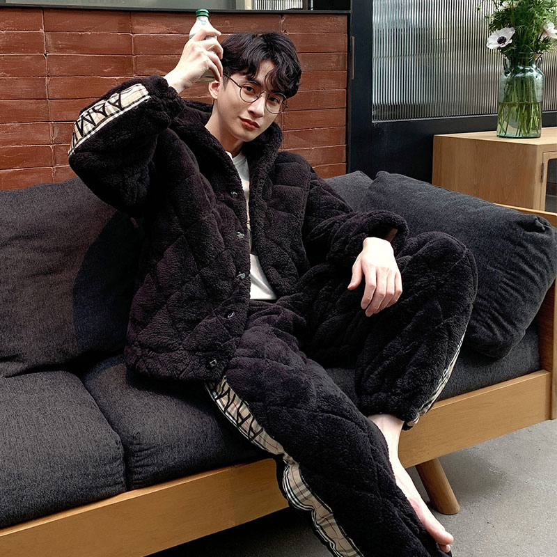 维多利亚三层夹棉睡衣男士套装冬季珊瑚绒加绒加厚大码毛绒家居服