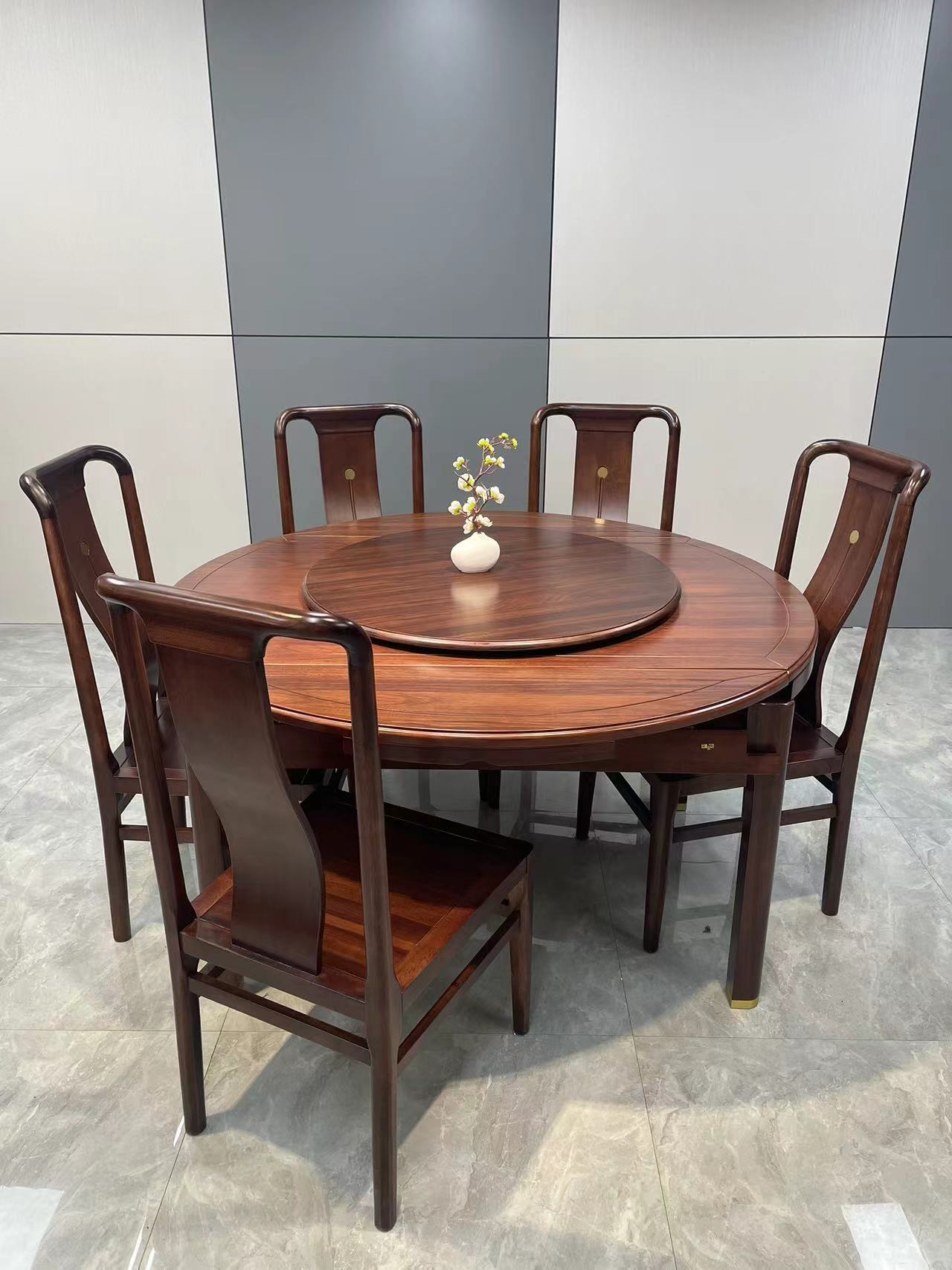 新中式乌金木轻奢圆桌折叠桌餐桌椅组合吃饭餐桌两用可伸缩方圆