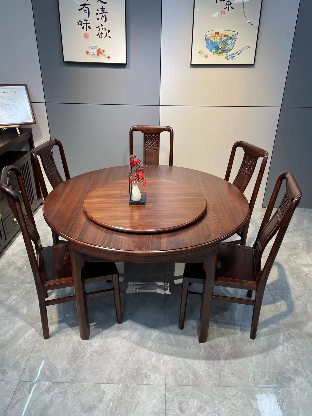 乌金木餐桌实木餐桌椅组合新中式两用餐厅可伸缩折叠饭桌餐台简约