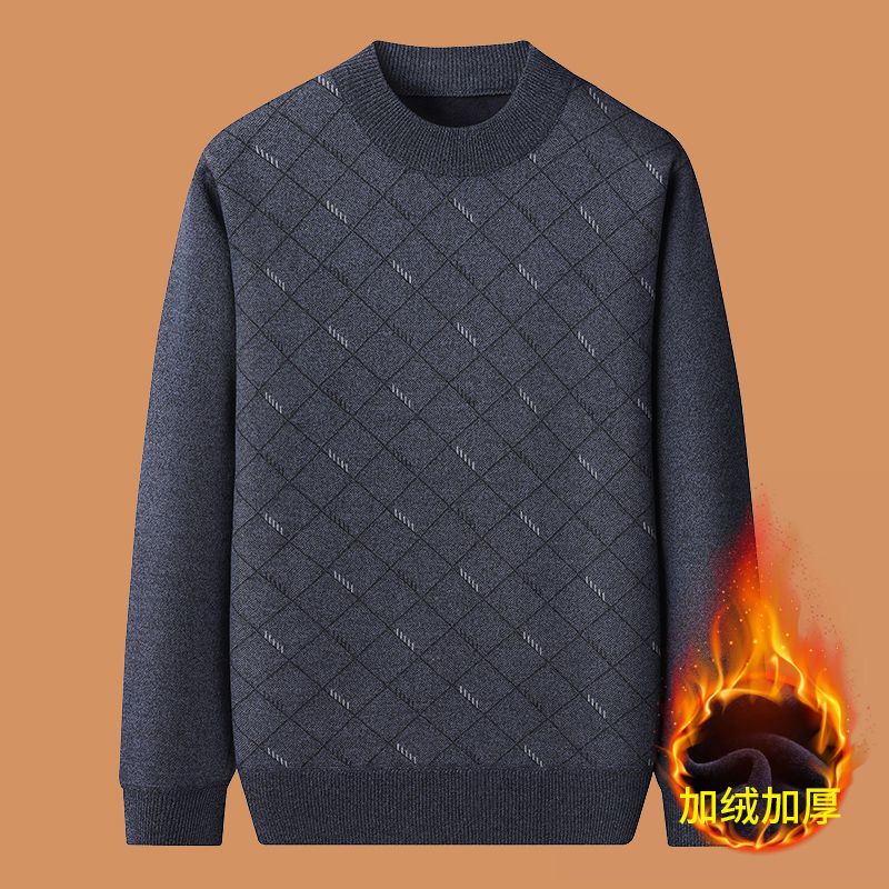爸爸毛衣加绒加厚中老年人男士冬季圆领针织打底衫爷爷保暖上衣服