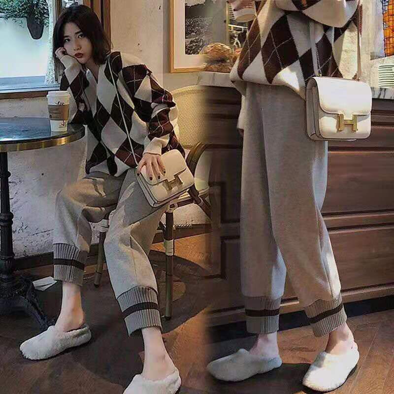 毛呢裤女秋冬新款萝卜裤宽松休闲韩版显瘦哈伦阔腿高腰针织奶奶裤